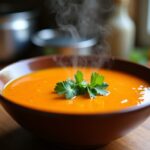 Délicieux velouté de patates douces et carottes, sublimé par une touche de lait de coco