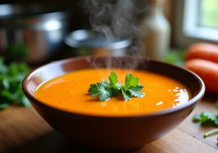 Délicieux velouté de patates douces et carottes, sublimé par une touche de lait de coco