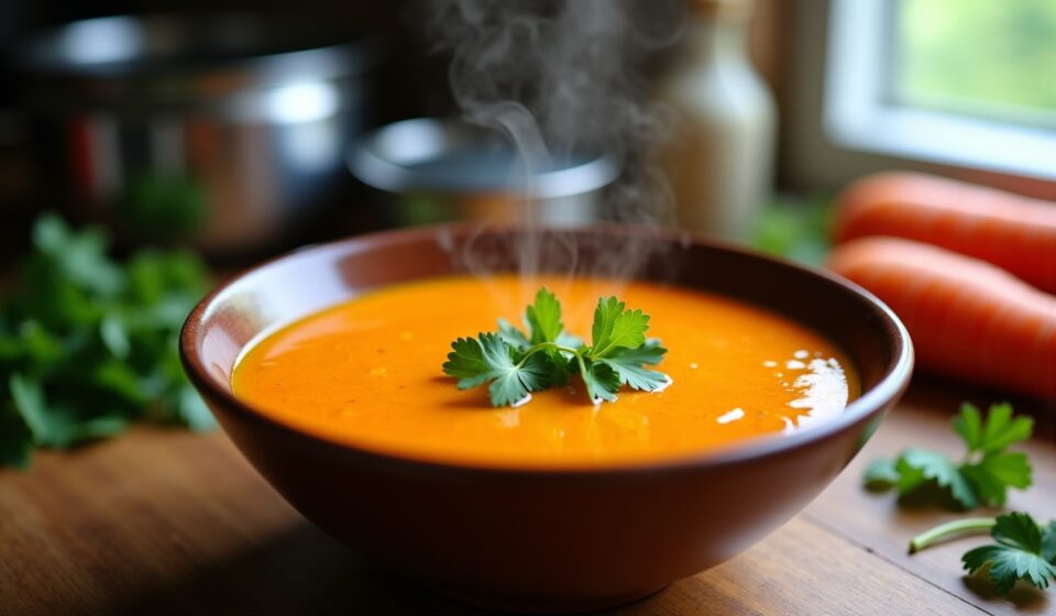 Délicieux velouté de patates douces et carottes, sublimé par une touche de lait de coco