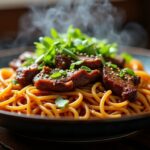 Nouilles sautées à la chinoise : un mariage exquis avec des morceaux de bœuf fondants