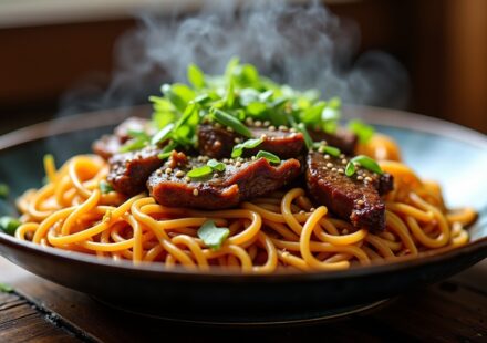 Nouilles sautées à la chinoise : un mariage exquis avec des morceaux de bœuf fondants