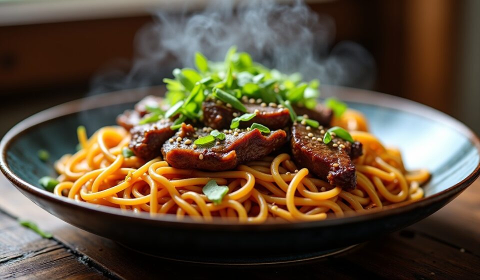 Nouilles sautées à la chinoise : un mariage exquis avec des morceaux de bœuf fondants